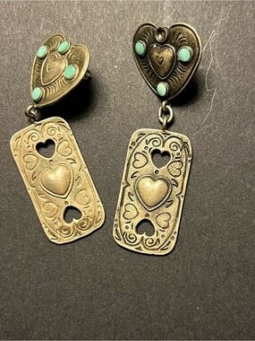 Vintage-Inspired Heart Drop Earrings with turquoise colored accents.